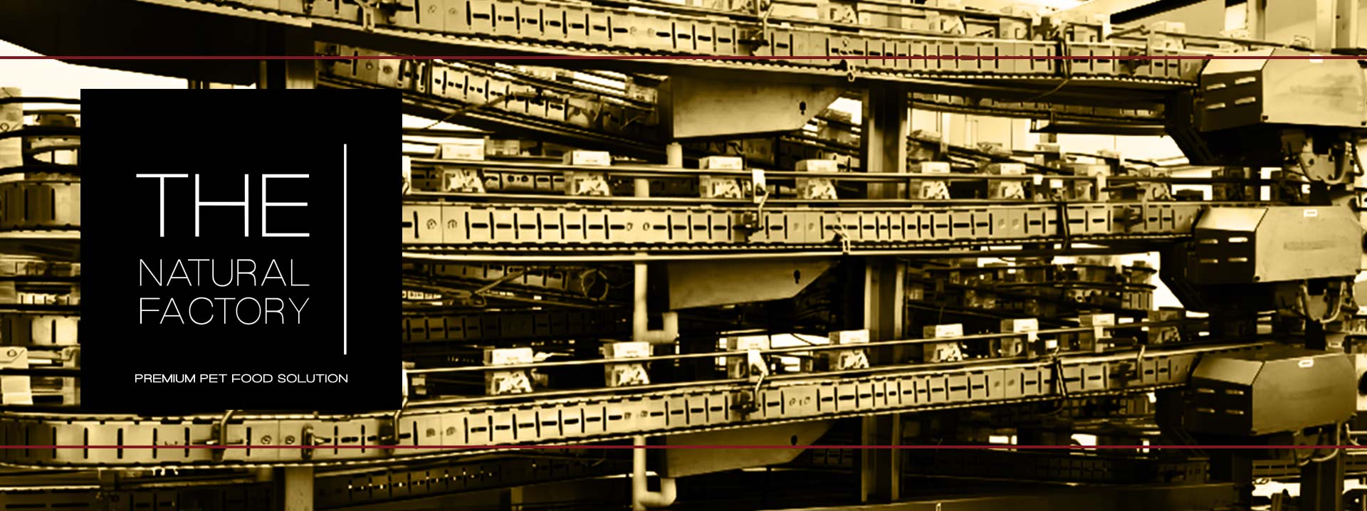 The Natural Factory Premium Pet Food Solution logo e sfondo con macchinari